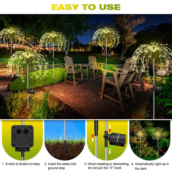 Gartendeko Solar Gartenleuchte Außen, 2 Stück 150 LED Solarleuchten Feuerwerk, 8 Modi Solarleuchten Pusteblume Solarlampen für Außen Garten Wege Rasen Balkon Deko (Warmweiß)