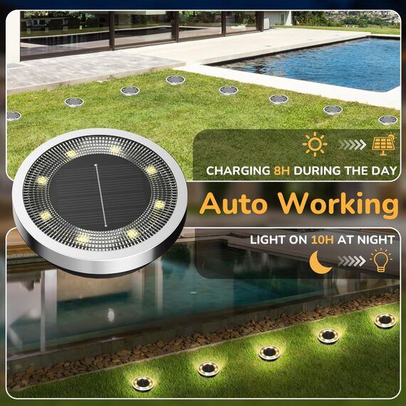 FLOWood 16 Stück Solar Bodenleuchten Aussen, 3000K Warmweiß Solarleuchten für Garten Außen mit 8 LEDs, Wasserdicht Led Solar Gartenleuchten, Solarlampen für Außen Garten Rasen Gehweg Patio Warmweiss