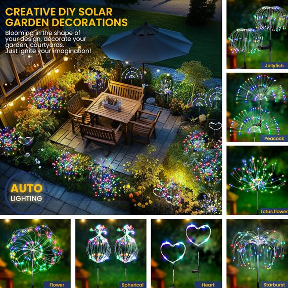 GIGALUMI Solarleuchten für den Außenbereich, 120 LEDs, Feuerwerk-Lichter, wasserdicht, Solar-Starburst-Licht, dekorativ für Balkon, Terrasse, Garten, Hof, Weg(Farbig)