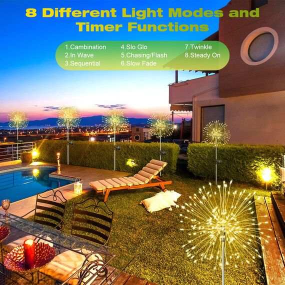 Gartendeko Solar Gartenleuchte Außen, 2 Stück 150 LED Solarleuchten Feuerwerk, 8 Modi Solarleuchten Pusteblume Solarlampen für Außen Garten Wege Rasen Balkon Deko (Warmweiß)