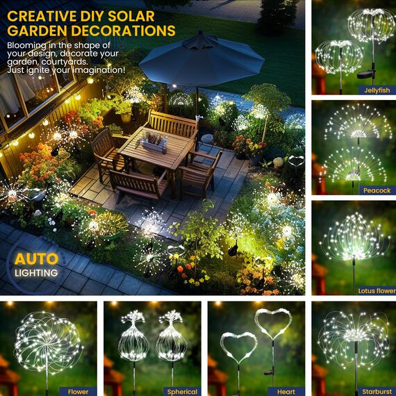 GIGALUMI Solarleuchten für den Außenbereich, 2 Stück, Solar-Feuerwerk-Lichter, wasserdicht, 120 LEDs, Solar-Starburst-Licht für Hof, Balkon, Terrasse, Pflanzgefäß, Gartendekoration (kaltweiß)