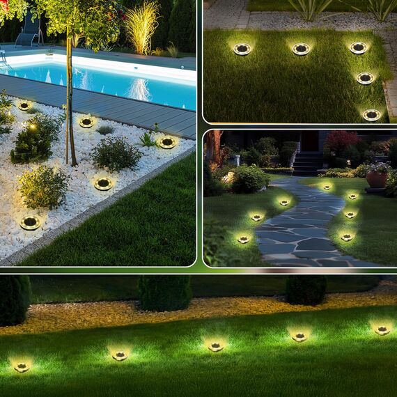 FLOWood 16 Stück Solar Bodenleuchten Aussen, 3000K Warmweiß Solarleuchten für Garten Außen mit 8 LEDs, Wasserdicht Led Solar Gartenleuchten, Solarlampen für Außen Garten Rasen Gehweg Patio Warmweiss