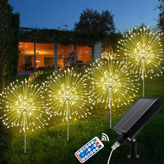 Liyade Solarlampen für Außen Garten, 4 Stück 120 LED Solarleuchten Feuerwerk, 8 Modi Solarleuchten Garten mit Fernbedienung Pusteblume solarlampen für Außen Balkon Wege Rasen Deko (Warmweiß)