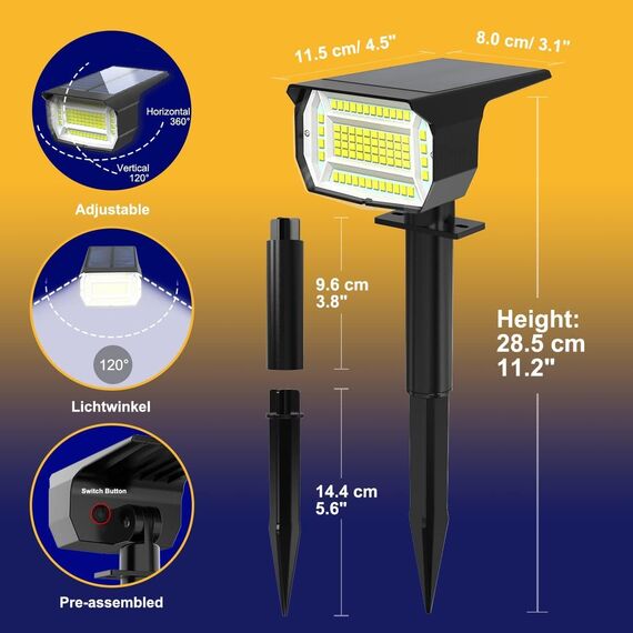 LOTMOS Solarstrahler für Außen Garten [4 Stück/ 72LED] Solarlampen für Außen Garten 3000K Warmweiß LED Solar Strahler, Wasserdicht Solar Gartenleuchten Solarleuchten für Weg Hof Garage