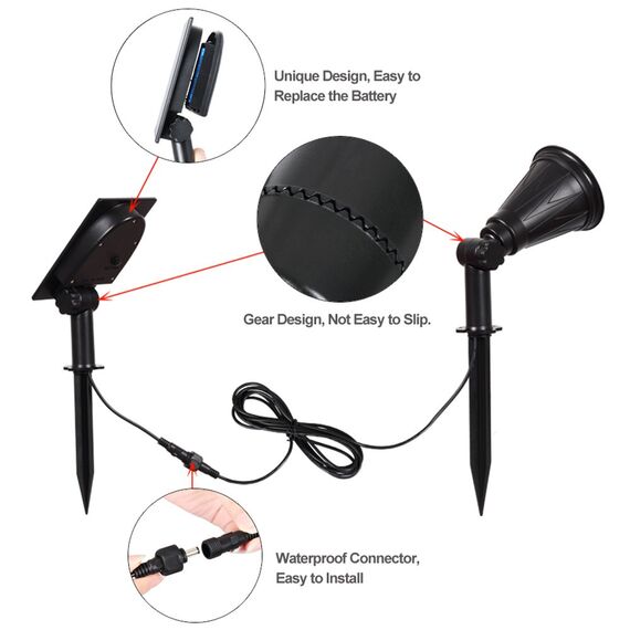 T-SUN 7 LED RGB Solarstrahler Solarleuchten, 2-in-1 Wasserdicht Solar Gartenleuchten Solarlampe Außen Wandleuchte mit 3M Kabel, 7 Farbwechsel Gartenbeleuchtung für Hof, Rasen, Wege(2 Stück)