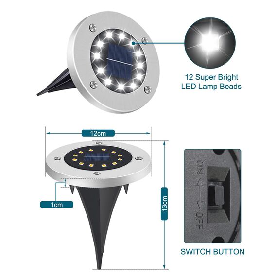 Bowfar 16 Stück Solar Bodenleuchten Aussen, Solarleuchten Garten mit 12 LEDs für Außen, 3000K Kaltweiß Wasserdicht Led Solar Gartenleuchten, Solarlampen für Rasen Auffahrt Gehweg Patio Garden