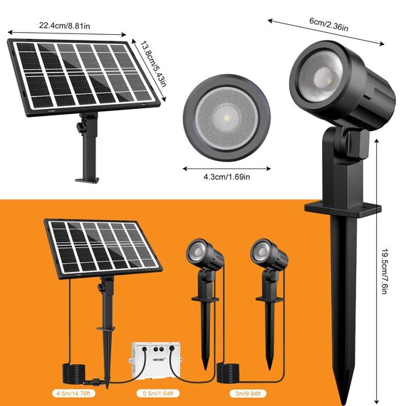 MEIKEE Solar Strahler 2 Stück 2700K Warmweiß Gartenbeleuchtung Solar mit Erdspieß IP66 Wasserdicht 3 Helligkeit 2 Modi 3000MAH Gartenleuchten für Außen Garten Rasen Terrasse Baum
