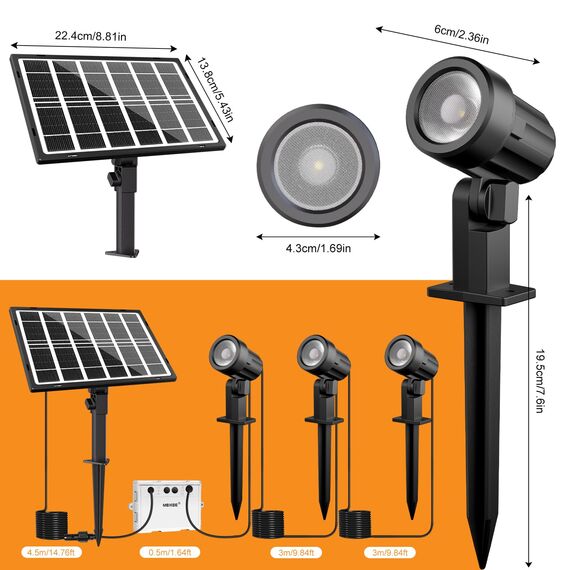 MEIKEE Solarstrahler für Außen 3 Stück 2700K Warmweiß Solarlampen für Außen 5000MAH IP66 Wasserdicht 3 Helligkeit 2 Modi Dusk to Dawn Solar Gartenleuchte Garten Rasen Terrasse Bäume Balkon