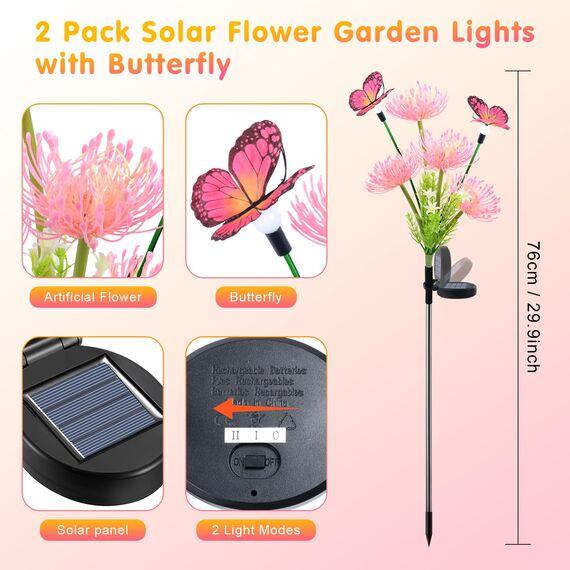 Fohil Solarleuchten für Außen Garten,2 Stück 78 LED Solar Blume lampen für Außen Mit Schmetterlingen 2 Modi Wasserdicht Solar Gartenleuchten für Balkon Terrasse Dekoration und Geschenk für Mutter