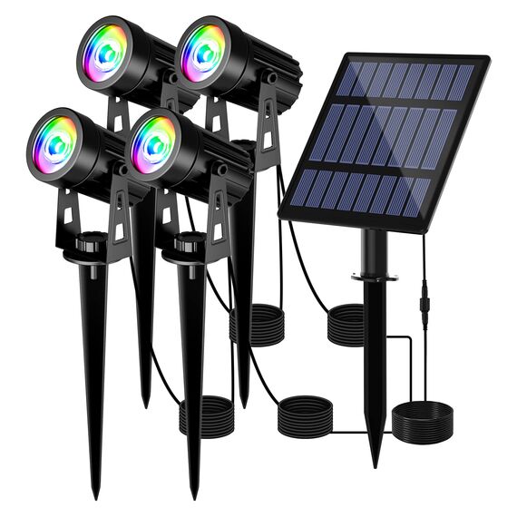 T-SUN Gartenstrahler Solar, 4 Stück Solarstrahler Solarlampen für garten, IP65 Wasserdicht LED Solarlampe mit 2 Helligkeitsstufe, 3 Meter Kabe für Bäume,Sträucher,Gartenweg (RGB)
