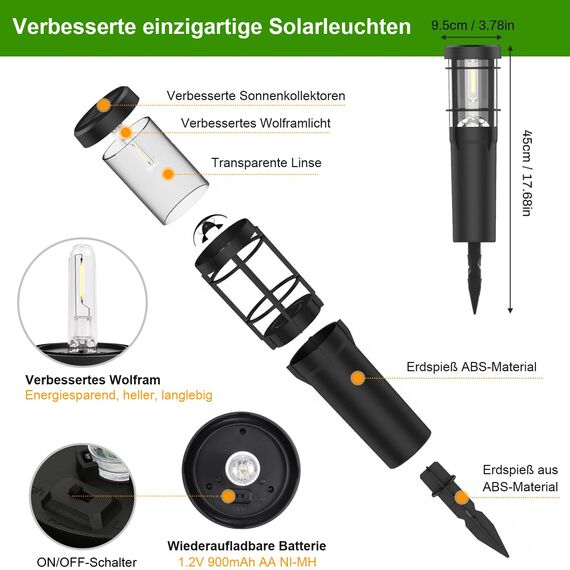 Czoele Solarlampen für Außen Garten, 4 Stück Solarleuchten Garten 900mAh Warmweiß Solar Gartenbeleuchtung Wasserdichte mit Erdspieß IP65 Wasserdichte Auto Ein/Aus für Garten Terrasse Pfad Rasen (A)