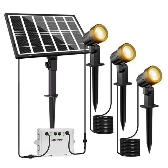 MEIKEE Solarstrahler für Außen 3 Stück 2700K Warmweiß Solarlampen für Außen 5000MAH IP66 Wasserdicht 3 Helligkeit 2 Modi Dusk to Dawn Solar Gartenleuchte Garten Rasen Terrasse Bäume Balkon