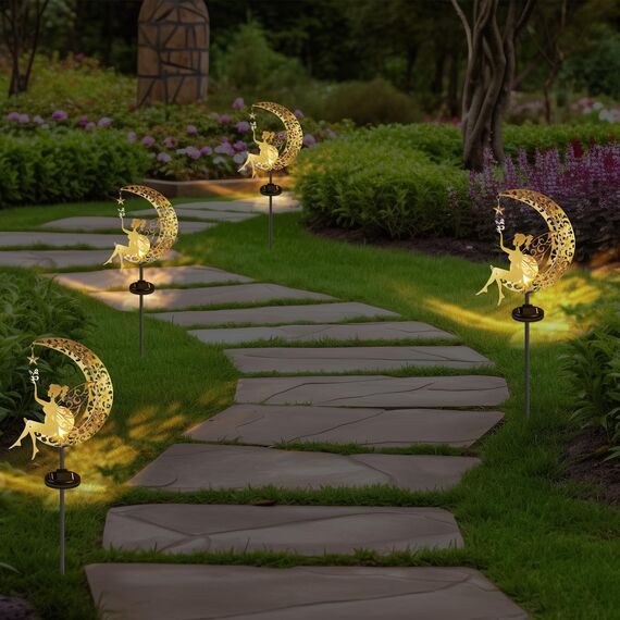 AGOTD Mond Solarleuchten Garten im Freien, Solarlampe für Außen Metall Mond Solar LED Glaskugel Gartenleuchte, Elfe Wasserdichte Solarleuchte mit Erdspieß