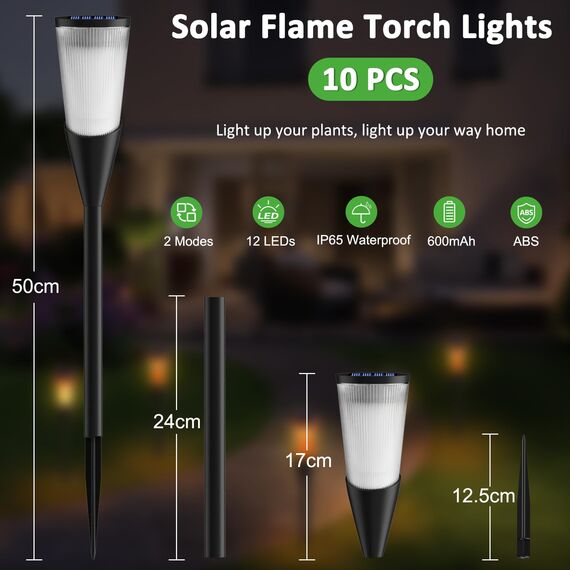 Solarlampen für Außen Gartenfackeln,10Stück 2Modi Solarleuchten für Draußen,IP65 Winterfest Fackeln Lampe Gartenleuchten,Solar Bodenleuchten Aussen mit Realistischen Flammen Auto EIN/Aus für Weg,Rasen
