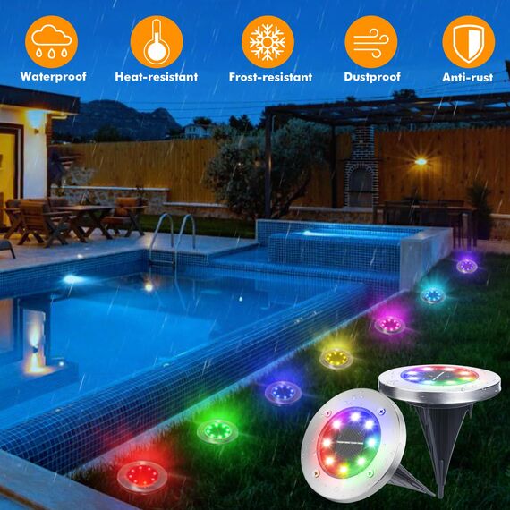 Qedertek Solar Bodenleuchten Aussen Garten, 8 Stück 8 LED Solarleuchten Außenleuchte RGB, Solar Gartenleuchten IP65 Wasserdicht Solarlampen für Außen, Rasen, Gehweg, Patio, Auffahrt