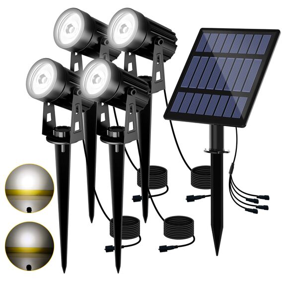 T-SUN Gartenstrahler Solar, 4 Stück Solarstrahler Solarlampen für garten, IP65 Wasserdicht LED Solarlampe mit 2 Helligkeitsstufe, 3 Meter Kabe für Bäume,Sträucher,Gartenweg (Kaltweiß 6000K)