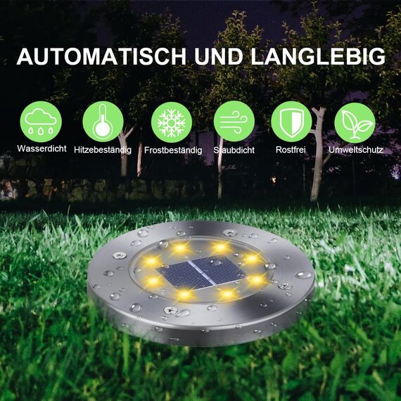 Qedertek Solar Bodenleuchten Aussen Garten - 16 Stück 8 LED Solarleuchten Außenleuchte Warmweiß, Led Solar Gartenleuchten Wasserdicht Solarlampen für Garten, Rasen, Gehweg, Patio, Auffahrt