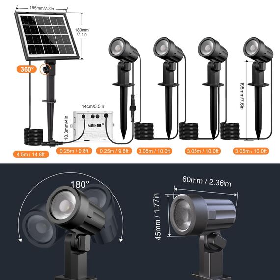 MEIKEE Solar Gartenleuchte 4 Stück 2700K Warmweiß 3 Helligkeit 2 Modi Gartenbeleuchtung mit Erdspieß 5000MAH IP66 Wasserdicht Solar Strahler für Außen Garten Rasen Terrasse Baum Aussen