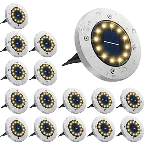 Bowfar 16 Stück Solar Bodenleuchten Aussen, Solarleuchten Garten mit 12 LEDs für Außen, 3000K Warmweiß Wasserdicht Led Solar Gartenleuchten, Solarlampen für Rasen Auffahrt Gehweg Patio Garden