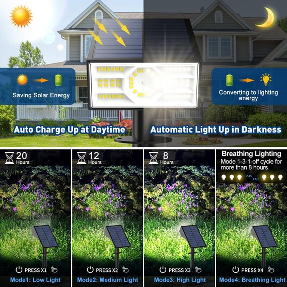 WENATY Solarlampen für Außen, 56 LED Solarstrahler für Außen Garten 6500K Kaltweiß LED Solar Strahler, 4 Helligkeitsmodi Solar Gartenleuchten IP65 Wasserdicht Solarleuchten für Weg Hof Gehweg【4 Stück】