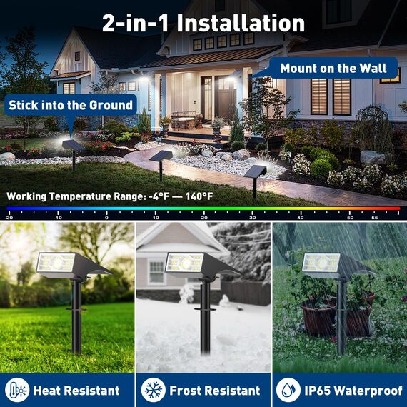 WENATY Solarlampen für Außen, 56 LED Solarstrahler für Außen Garten 6500K Kaltweiß LED Solar Strahler, 4 Helligkeitsmodi Solar Gartenleuchten IP65 Wasserdicht Solarleuchten für Weg Hof Gehweg【2 Stück】