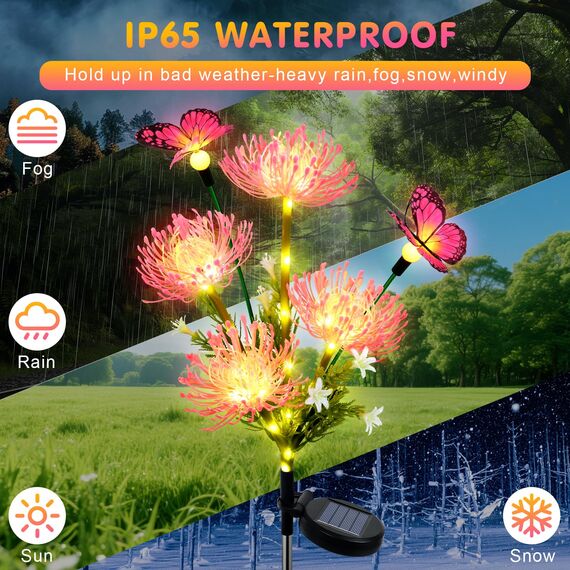 Fohil Solarleuchten für Außen Garten,2 Stück 78 LED Solar Blume lampen für Außen Mit Schmetterlingen 2 Modi Wasserdicht Solar Gartenleuchten für Balkon Terrasse Dekoration und Geschenk für Mutter