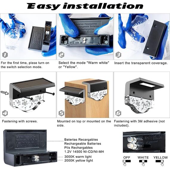AGOTD Solarleuchte für den Garten, für den Außenbereich, Solar-Beleuchtung für den Garten, Terrassenlampe für den Außenbereich, 2 LED-Modi, Warmweiß + Bernstein, 6 Stück