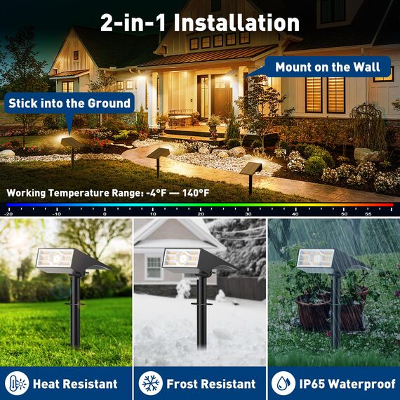 WENATY Solarlampen für Außen, 56 LED Solarstrahler für Außen Garten 3000K Warmweiß LED Solar Strahler, 4 Helligkeitsmodi Solar Gartenleuchten IP65 Wasserdicht Solarleuchten für Weg Hof Gehweg【2 Stück】