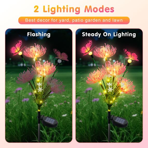 Fohil Solarleuchten für Außen Garten,2 Stück 78 LED Solar Blume lampen für Außen Mit Schmetterlingen 2 Modi Wasserdicht Solar Gartenleuchten für Balkon Terrasse Dekoration und Geschenk für Mutter