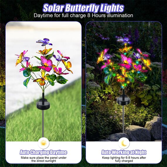 Solarlampen für Außen Garten, 2 Pack Schmetterling LED Solarleuchten 2 Modi Gartendeko, IP65 Wasserdicht Solar Gartenleuchten für Garten Balkon Terrasse Dekoration Geschenke für Frauen Muttertag