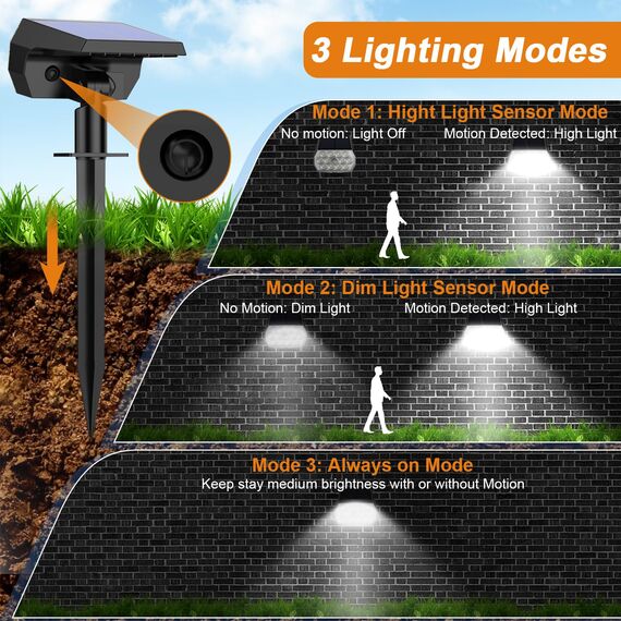 Solarlampen für Außen mit Bewegungsmelder, Solarstrahler für Garten 3 Modi Solar Gartenleuchten, 6500K Kaltweiß Solarleuchten IP65 Wasserdicht LED Solar Strahler für Aussen Weg Hof Gehweg, 4 Stück