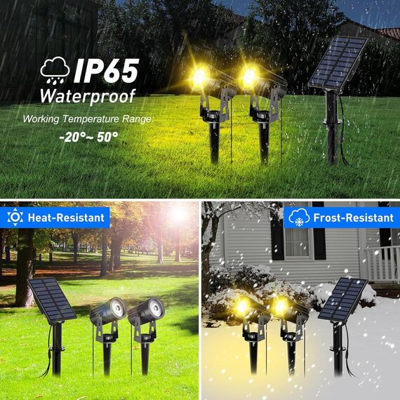 T-SUN Solar Gartenleuchte, 2 Stück Solarstrahler Solarlampen für garten, IP65 Wasserdicht LED Solarlampe mit 2 Helligkeitsstufe, 3 Meter Kabe,Auto-on/off für Bäume,Sträucher,Gartenweg(3000K Warmweiß)
