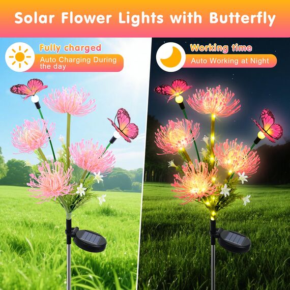 Fohil Solarleuchten für Außen Garten,2 Stück 78 LED Solar Blume lampen für Außen Mit Schmetterlingen 2 Modi Wasserdicht Solar Gartenleuchten für Balkon Terrasse Dekoration und Geschenk für Mutter