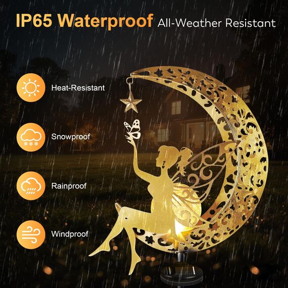 AGOTD Mond Solarleuchten Garten im Freien, Solarlampe für Außen Metall Mond Solar LED Glaskugel Gartenleuchte, Elfe Wasserdichte Solarleuchte mit Erdspieß