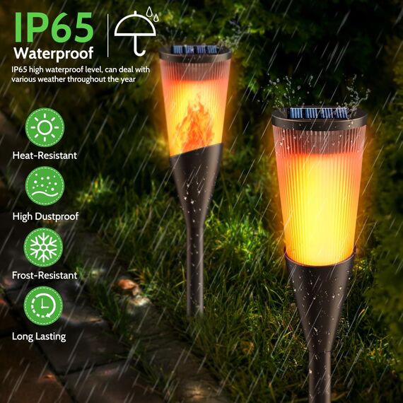 Solarlampen für Außen Gartenfackeln, 4 Stück 2 Modi Solarleuchten für Draußen, IP65 Wetterfest Fackeln Lampe Gartenleuchten mit Realistischen Flammen Auto EIN/Aus für Garten Deko Weg, Hinterhöfe,Rasen