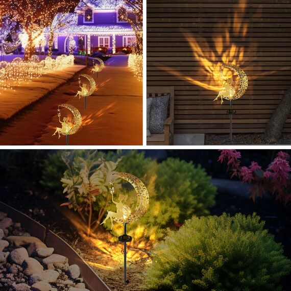 AGOTD Mond Solarleuchten Garten im Freien, Solarlampe für Außen Metall Mond Solar LED Glaskugel Gartenleuchte, Elfe Wasserdichte Solarleuchte mit Erdspieß