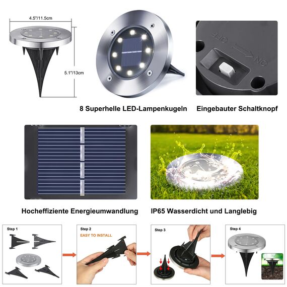 Qedertek 8 Stück Solar Bodenleuchten Aussen Garten - 8 LED Solarleuchten Außenleuchte Weiß, Solar Gartenleuchten Wasserdicht Solarlampen für Garten, Rasen, Patio, Gehweg, Auffahrt