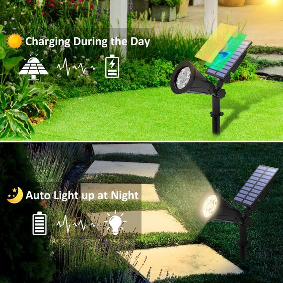 T-SUN Upgraded Solarlampen für auße Garten,2 Stück Solarstrahler Gartenleuchte IP65 Wasserdicht Drahtlos 4000K Warmweiß Helle Solarbetriebene Gartenleuchten für Hof, Terrasse