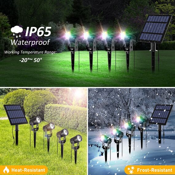 T-SUN Gartenstrahler Solar, 4 Stück Solarstrahler Solarlampen für garten, IP65 Wasserdicht LED Solarlampe mit 2 Helligkeitsstufe, 3 Meter Kabe für Bäume,Sträucher,Gartenweg (RGB)