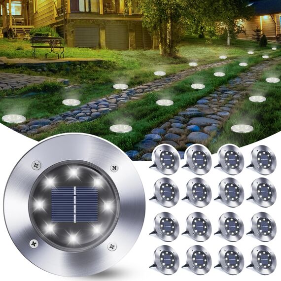 Qedertek 16 Stück Solar Bodenleuchten Aussen Garten - 8 LED Solarleuchten Außenleuchte Weiß, Solar Gartenleuchten Wasserdicht Solarlampen für Garten, Rasen, Gehweg, Patio, Auffahrt
