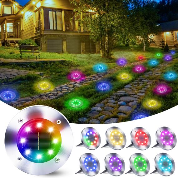 Qedertek Solar Bodenleuchten Aussen Garten, 8 Stück 8 LED Solarleuchten Außenleuchte RGB, Solar Gartenleuchten IP65 Wasserdicht Solarlampen für Außen, Rasen, Gehweg, Patio, Auffahrt