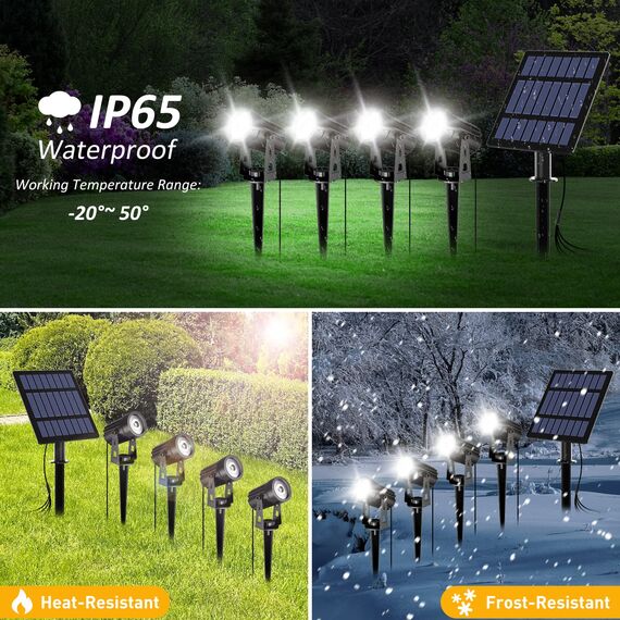 T-SUN Gartenstrahler Solar, 4 Stück Solarstrahler Solarlampen für garten, IP65 Wasserdicht LED Solarlampe mit 2 Helligkeitsstufe, 3 Meter Kabe für Bäume,Sträucher,Gartenweg (Kaltweiß 6000K)