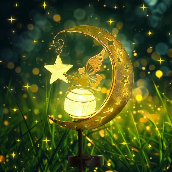 HIQE-FL Mond Solarleuchten Garten Deko,Metall Mond Solarleuchten Garten Deko,Gartenleuchte Wasserdichte Wegeleuchte Mit Blumenfee,Leuchten Balkon,Solarlampen für Außen