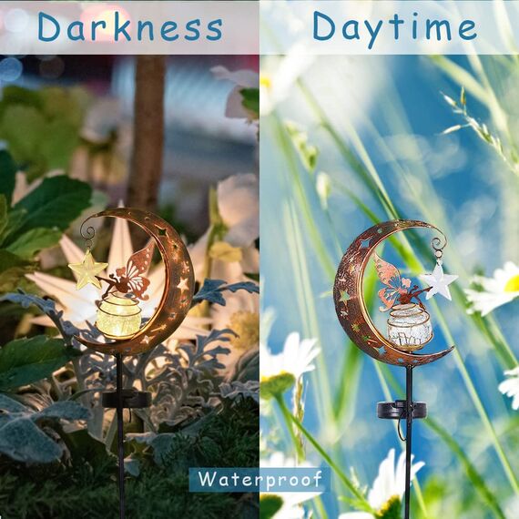 HIQE-FL Mond Solarleuchten Garten Deko,Metall Mond Solarleuchten Garten Deko,Gartenleuchte Wasserdichte Wegeleuchte Mit Blumenfee,Leuchten Balkon,Solarlampen für Außen