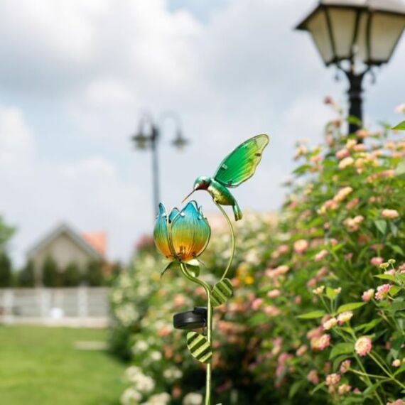 TERESA'S COLLECTIONS Solarlampen für Außen, Gartendeko für draußen Wetterfest,105CM, Solarleuchte Metall Gartenlampe, Kolibri-Blume für Terrasse,Figur Geschenke für Frauen/Mama (L)
