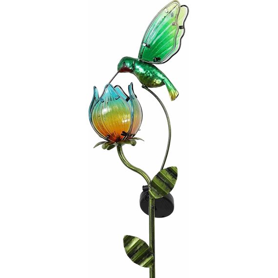 TERESA'S COLLECTIONS Solarlampen für Außen, Gartendeko für draußen Wetterfest,97CM, Solarleuchte Metall Gartenlampe, Kolibri-Blume für Terrasse,Figur Geschenke für Frauen/Mama (M)