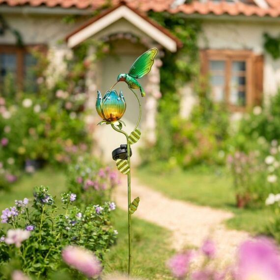 TERESA'S COLLECTIONS Solarlampen für Außen, Gartendeko für draußen Wetterfest,97CM, Solarleuchte Metall Gartenlampe, Kolibri-Blume für Terrasse,Figur Geschenke für Frauen/Mama (M)