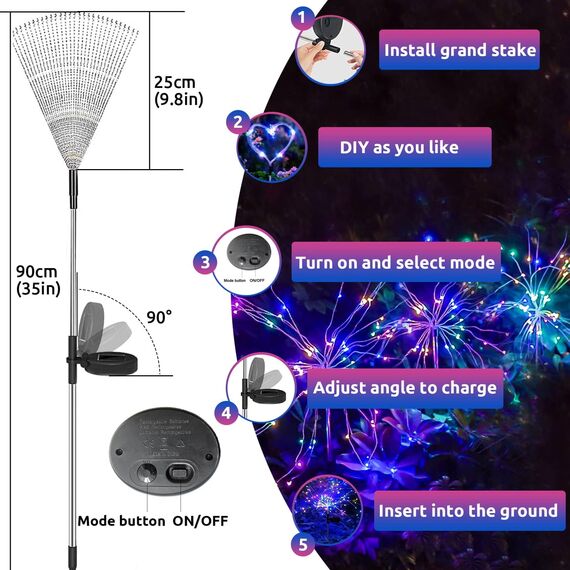 Joycome Solarleuchten für Außen Garten 2 Stück 120 LED Solar Pusteblume Gartenbeleuchtung, 8 Modi Solarlampen Gartenstecker Winterfest Solarlicht Feuerwerk für Balkon Blumenkasten Deko - Mehrfarbig