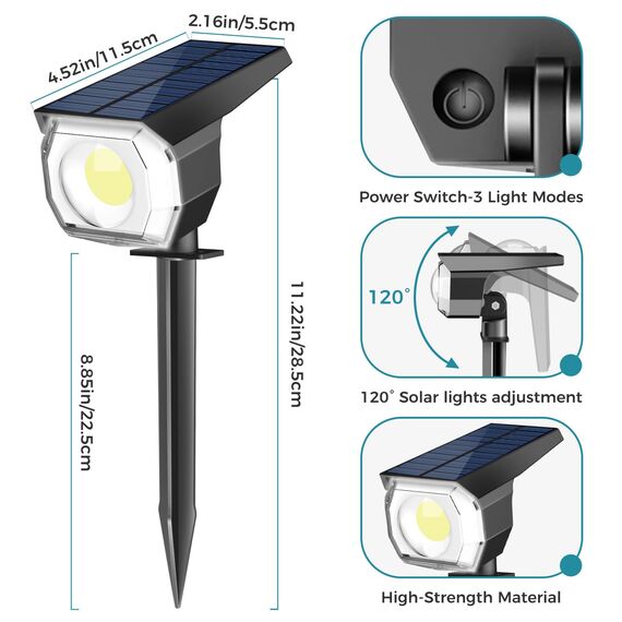 kolpop Solarlampen für Außen, 2 Stück 3 Modi IP67 Wasserdicht solarstrahler für außen garten, 800lm 6500K Tageslicht Weiß Garten Solarleuchten für Garten, Garage Eingang, Zäune, Baum, Pflanzen