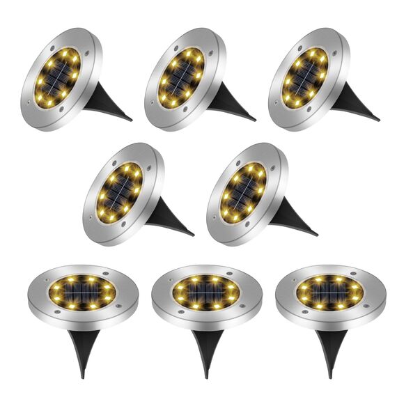 Caldarax 8 Stück Solar Bodenleuchten Aussen für Garten, 8 LEDs Solar Gartenleuchte IP65 Wasserdicht, LED Boden Solarleuchten Edelstahl für Garten Rasen Patio Gehweg Auffahrt(Warmweiß)